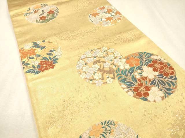 平和屋着物▼西陣　京の名門　じゅらく謹製　六通柄袋帯　花鳥丸文　金彩　引箔　正絹　逸品　未使用　DABL2201fe
