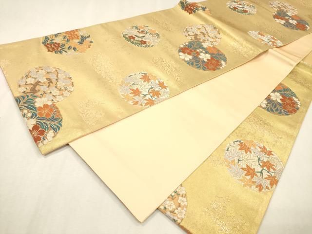 平和屋着物▼西陣　京の名門　じゅらく謹製　六通柄袋帯　花鳥丸文　金彩　引箔　正絹　逸品　未使用　DABL2201fe