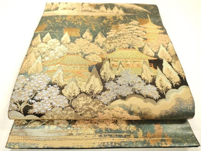 平和屋着物▼西陣　服部織物謹製　六通柄袋帯　京本山風景文様　金彩　引箔　正絹　逸品　DABL2202fe