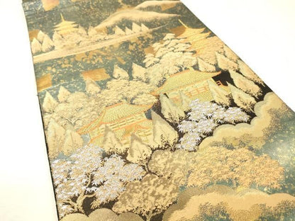 平和屋着物▼西陣　服部織物謹製　六通柄袋帯　京本山風景文様　金彩　引箔　正絹　逸品　DABL2202fe