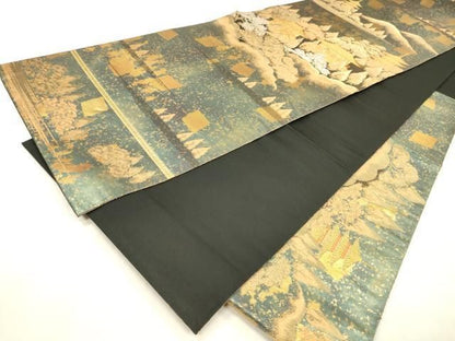 平和屋着物▼西陣　服部織物謹製　六通柄袋帯　京本山風景文様　金彩　引箔　正絹　逸品　DABL2202fe