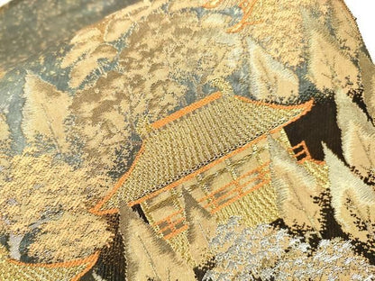 平和屋着物▼西陣　服部織物謹製　六通柄袋帯　京本山風景文様　金彩　引箔　正絹　逸品　DABL2202fe