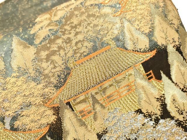 平和屋着物▼西陣　服部織物謹製　六通柄袋帯　京本山風景文様　金彩　引箔　正絹　逸品　DABL2202fe