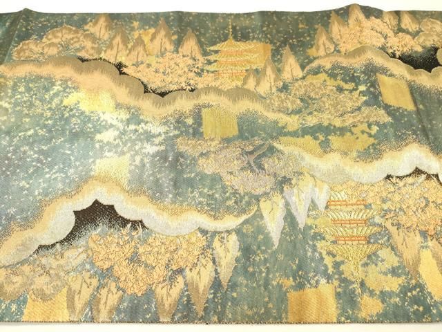平和屋着物▼西陣　服部織物謹製　六通柄袋帯　京本山風景文様　金彩　引箔　正絹　逸品　DABL2202fe