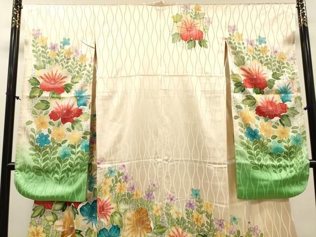 平和屋着物▼豪華振袖　手描き　草花　暈し染　正絹　逸品　DABL2215fe