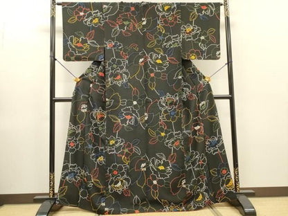 平和屋着物●上質な小紋　草花　黒地　鬼しぼ縮緬　正絹　逸品　DABL2221fe