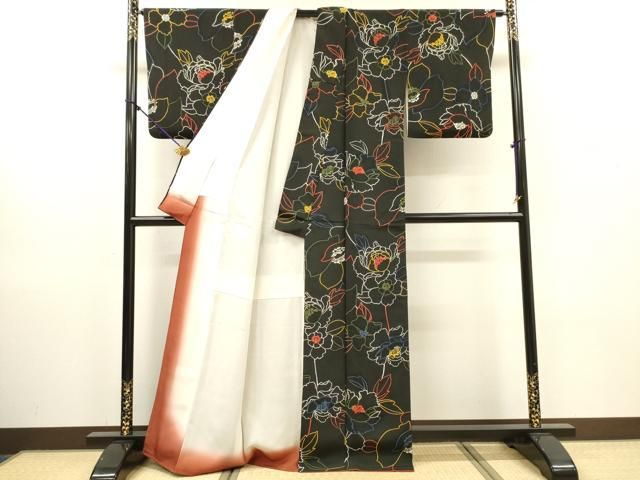 平和屋着物●上質な小紋　草花　黒地　鬼しぼ縮緬　正絹　逸品　DABL2221fe