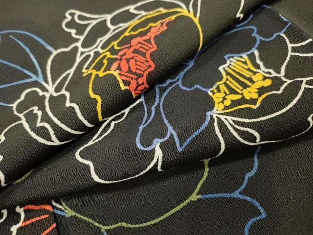 平和屋着物●上質な小紋　草花　黒地　鬼しぼ縮緬　正絹　逸品　DABL2221fe