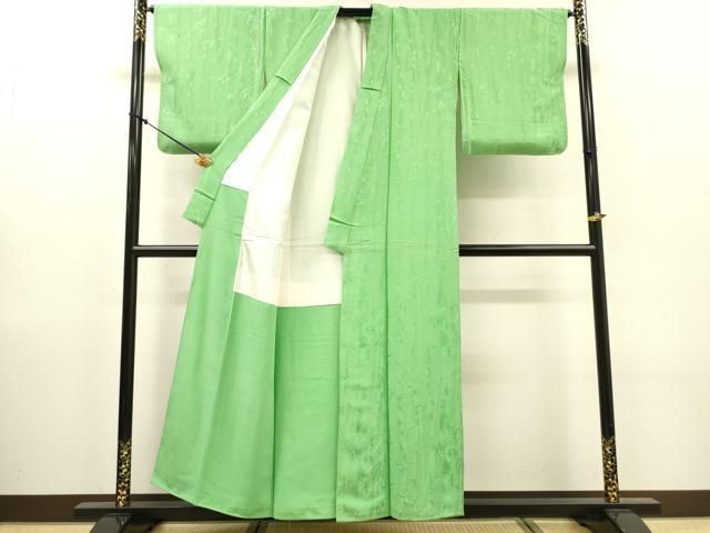 平和屋着物▼上質な色無地　笹竹地紋　浅緑色　正絹　逸品　未使用　DABL2223fe