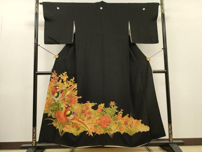 平和屋着物▼豪華黒留袖　刺繍　尾長鳥花文　金糸　正絹　逸品　DABL2231fe