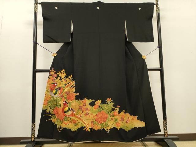 平和屋着物▼豪華黒留袖　刺繍　尾長鳥花文　金糸　正絹　逸品　DABL2231fe