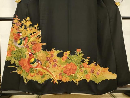 平和屋着物▼豪華黒留袖　刺繍　尾長鳥花文　金糸　正絹　逸品　DABL2231fe