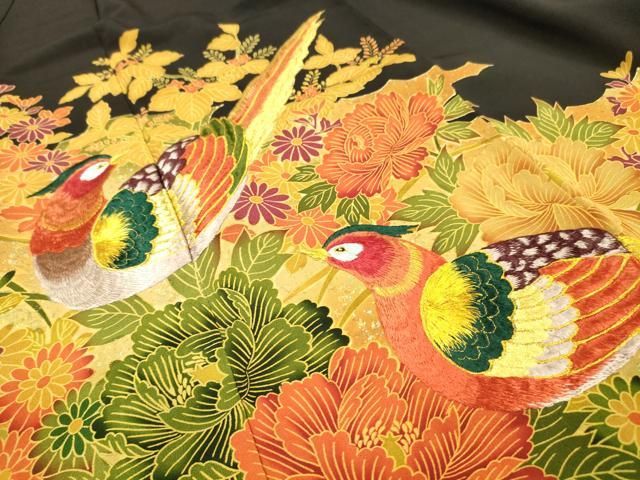 平和屋着物▼豪華黒留袖　刺繍　尾長鳥花文　金糸　正絹　逸品　DABL2231fe
