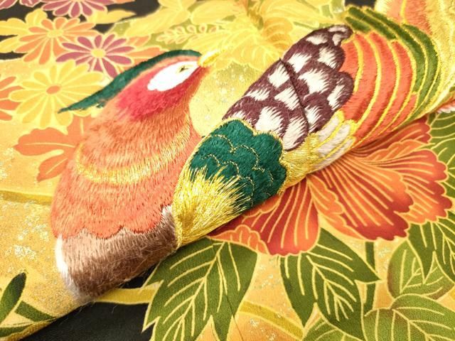 平和屋着物▼豪華黒留袖　刺繍　尾長鳥花文　金糸　正絹　逸品　DABL2231fe