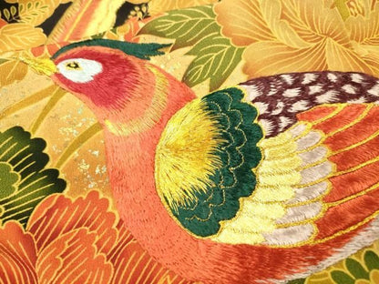 平和屋着物▼豪華黒留袖　刺繍　尾長鳥花文　金糸　正絹　逸品　DABL2231fe