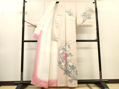平和屋着物▼訪問着　手描き　枝花　正絹　逸品　DABL2241fe