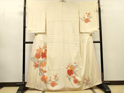 平和屋着物▼訪問着　駒刺繍　手描き　枝梅　金彩　正絹　逸品　DABL2254fe