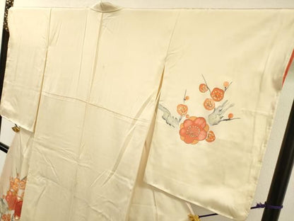 平和屋着物▼訪問着　駒刺繍　手描き　枝梅　金彩　正絹　逸品　DABL2254fe