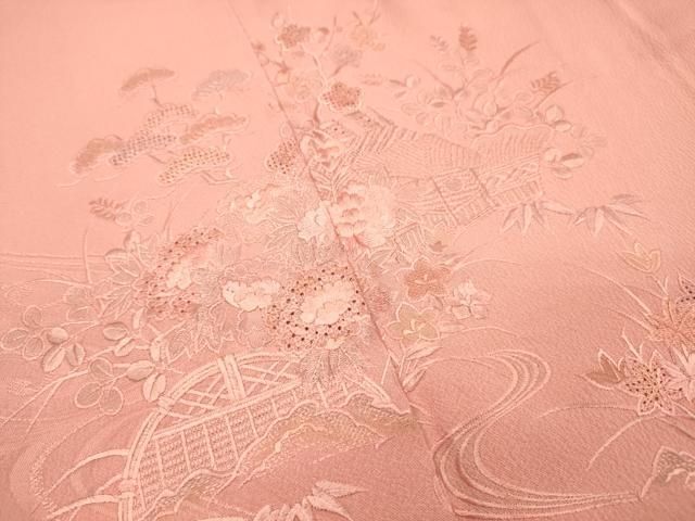 平和屋着物▼中国三大刺繍　スワトウ刺繍　汕頭刺繍　総刺繍　訪問着　籬風景花松文　暈し染　正絹　逸品　未使用　DABL2262fe