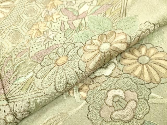 平和屋着物●中国三大刺繍　スワトウ刺繍　汕頭刺繍　相良刺繍　総刺繍　訪問着　蒔絵花文　金糸　正絹　逸品　DABL2358fe