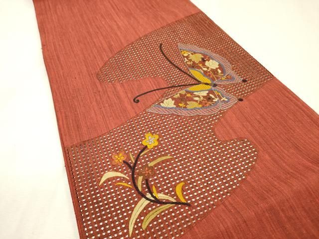 平和屋着物●中国三大刺繍　スワトウ刺繍　汕頭刺繍　太鼓柄袋帯　紬地　舞蝶花文　正絹　逸品　DABL2480fe