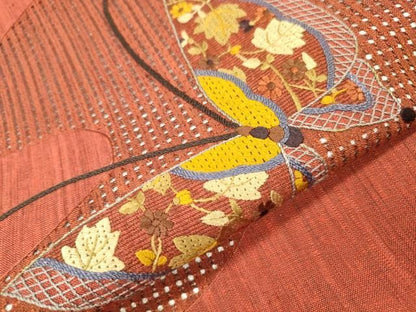 平和屋着物●中国三大刺繍　スワトウ刺繍　汕頭刺繍　太鼓柄袋帯　紬地　舞蝶花文　正絹　逸品　DABL2480fe
