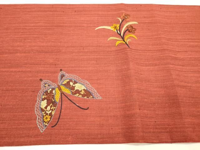 平和屋着物●中国三大刺繍　スワトウ刺繍　汕頭刺繍　太鼓柄袋帯　紬地　舞蝶花文　正絹　逸品　DABL2480fe