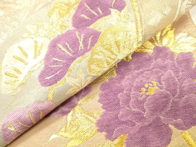 平和屋本店▼西陣　京の名門　じゅらく謹製　帝王紫　六通柄袋帯　唐織　扇面花松文　本金箔　正絹　逸品　DABL2670fe