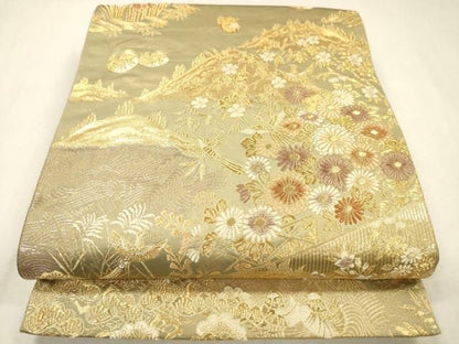 平和屋本店▼六通柄袋帯　唐織　遠山花鳥文　本金プラチナ　正絹　逸品　DABL2722fe