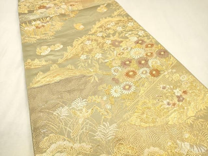 平和屋本店▼六通柄袋帯　唐織　遠山花鳥文　本金プラチナ　正絹　逸品　DABL2722fe