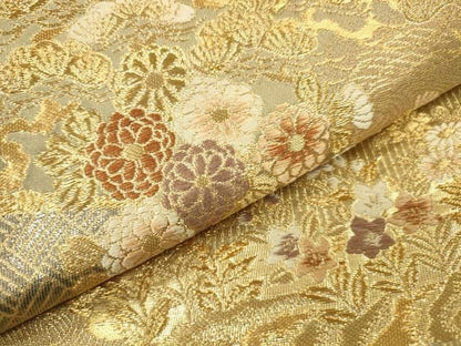 平和屋本店▼六通柄袋帯　唐織　遠山花鳥文　本金プラチナ　正絹　逸品　DABL2722fe