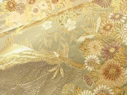 平和屋本店▼六通柄袋帯　唐織　遠山花鳥文　本金プラチナ　正絹　逸品　DABL2722fe