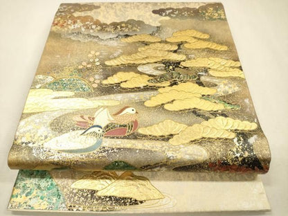 平和屋本店●工芸作家集団　葛実　辻清峰　袋帯　螺鈿　鴛鴦松文　金泥箔　本金箔　正絹　逸品　未使用　DABL2917fe