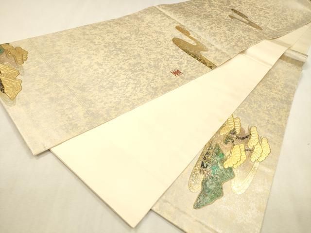 平和屋本店●工芸作家集団　葛実　辻清峰　袋帯　螺鈿　鴛鴦松文　金泥箔　本金箔　正絹　逸品　未使用　DABL2917fe