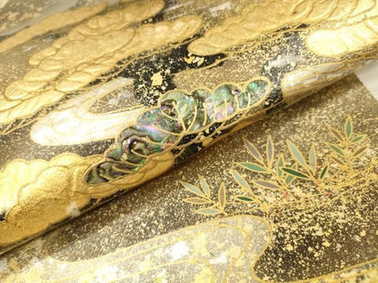 平和屋本店●工芸作家集団　葛実　辻清峰　袋帯　螺鈿　鴛鴦松文　金泥箔　本金箔　正絹　逸品　未使用　DABL2917fe