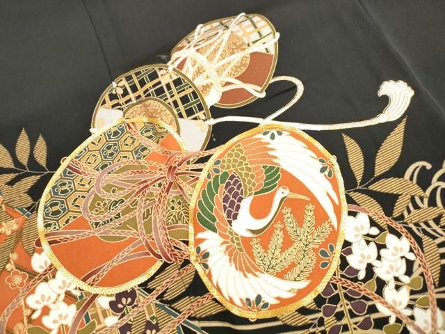 平和屋着物■豪華黒留袖　駒刺繍　飛鶴花鼓文　横笛　金彩　正絹　逸品　DABL3015qa