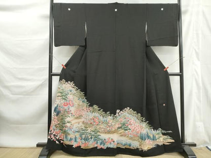 平和屋着物■豪華黒留袖　友禅　作家物　風景花文　正絹　逸品　DABL3017qa