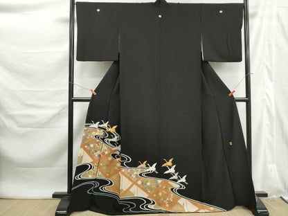 平和屋着物■豪華黒留袖　作家物　駒刺繍　流水群鶴文　正絹　逸品　DABL3030qa