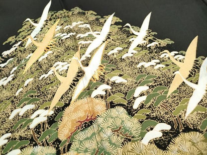 平和屋着物■豪華黒留袖　駒刺繍　飛鶴風景松文　金銀彩　正絹　逸品　DABL3114qa