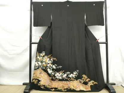 平和屋着物■豪華黒留袖　駒刺繍　幔幕菊松文　金彩　正絹　逸品　DABL3115qa