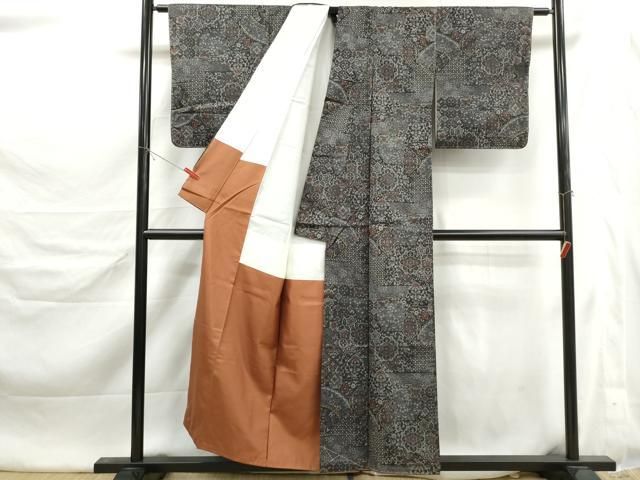 平和屋着物■大島紬　泥染調　洋花文　証紙付き　正絹　逸品　DABL3129qa
