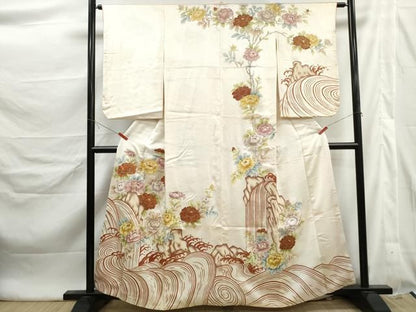 平和屋着物●訪問着　駒刺繍　風景立波牡丹文　金彩　正絹　逸品　DABL3133qa