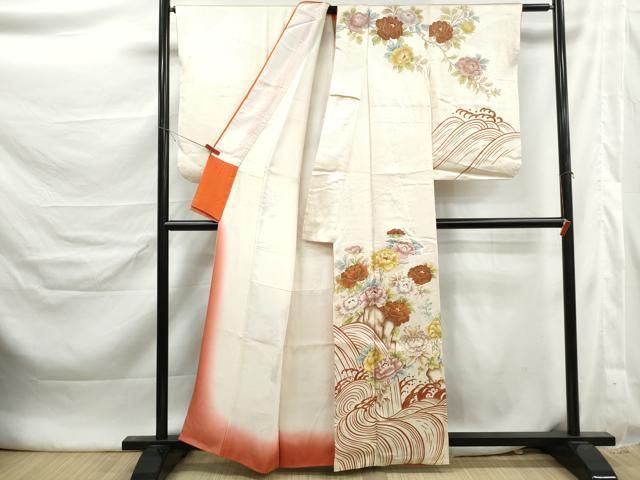 平和屋着物●訪問着　駒刺繍　風景立波牡丹文　金彩　正絹　逸品　DABL3133qa