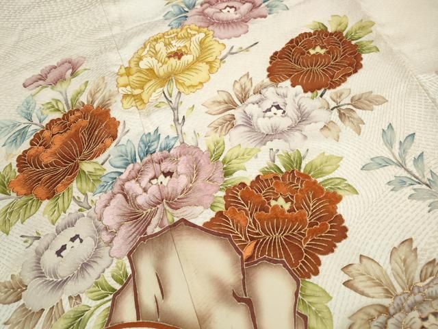 平和屋着物●訪問着　駒刺繍　風景立波牡丹文　金彩　正絹　逸品　DABL3133qa