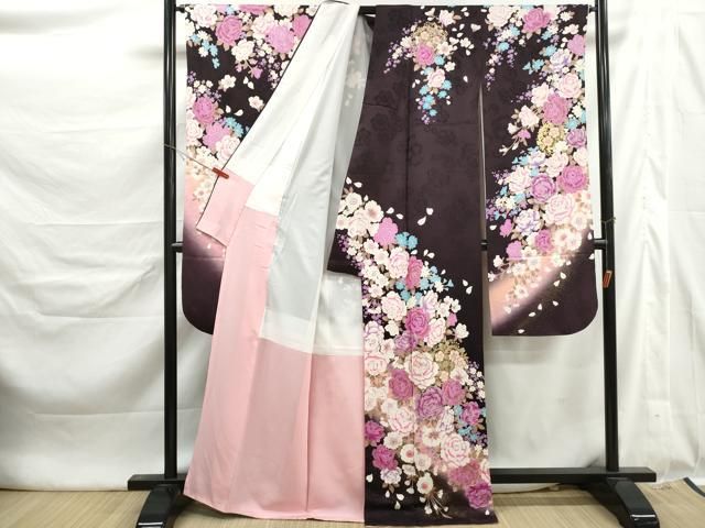 平和屋着物●豪華振袖　刺繍　草花文　薔薇　バラ　銀彩　正絹　逸品　DABL3134qa