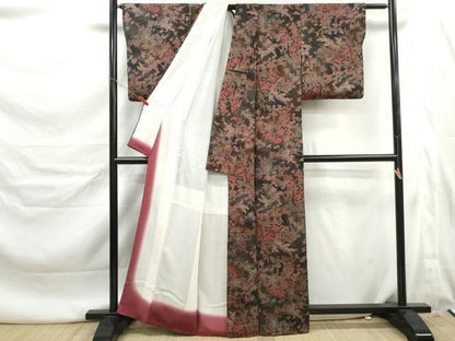 平和屋着物■上質な小紋　椿花文　暈し染め　銀彩　鬼しぼ縮緬　正絹　逸品　DABL3156qa