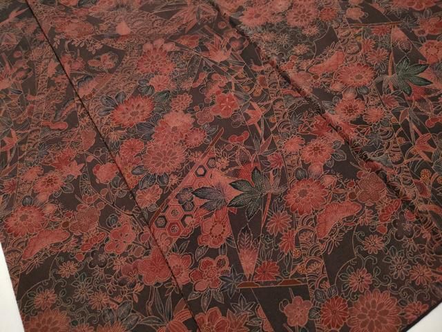 平和屋着物■上質な小紋　鬘帯花文　鬼しぼ縮緬　正絹　逸品　DABL3163qa