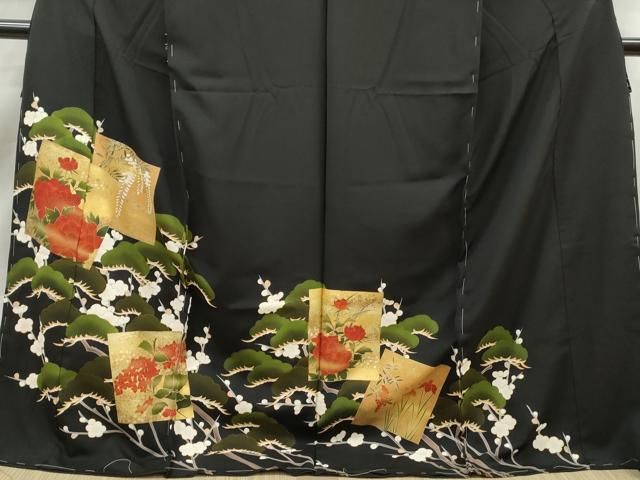 平和屋着物■豪華黒留袖　仮絵羽　刺繍　色紙花松文　金彩　正絹　逸品　未使用　DABL3199qa