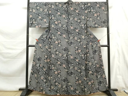 平和屋着物■上質な小紋　道長更紗花文　黒地　正絹　逸品　DABL3241qa
