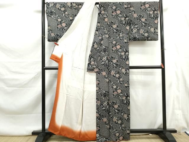 平和屋着物■上質な小紋　道長更紗花文　黒地　正絹　逸品　DABL3241qa